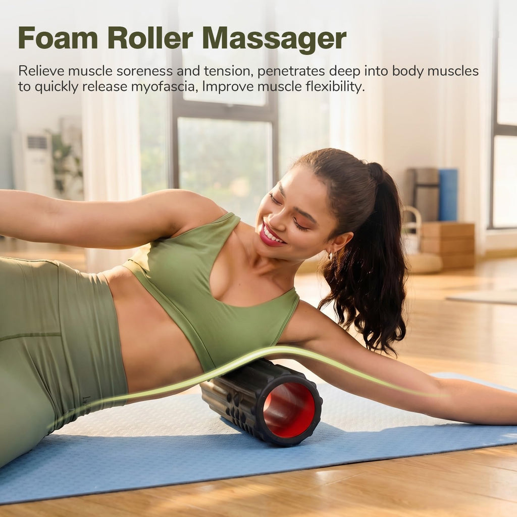 LTHTRADE 5 in 1 Foam Roller Set - Foam Roller for Legs, Muscle Roller Stick, Massage Ball, Resistance Band for Physical Therapy & Deep Tissue Muscle Massage (Black)