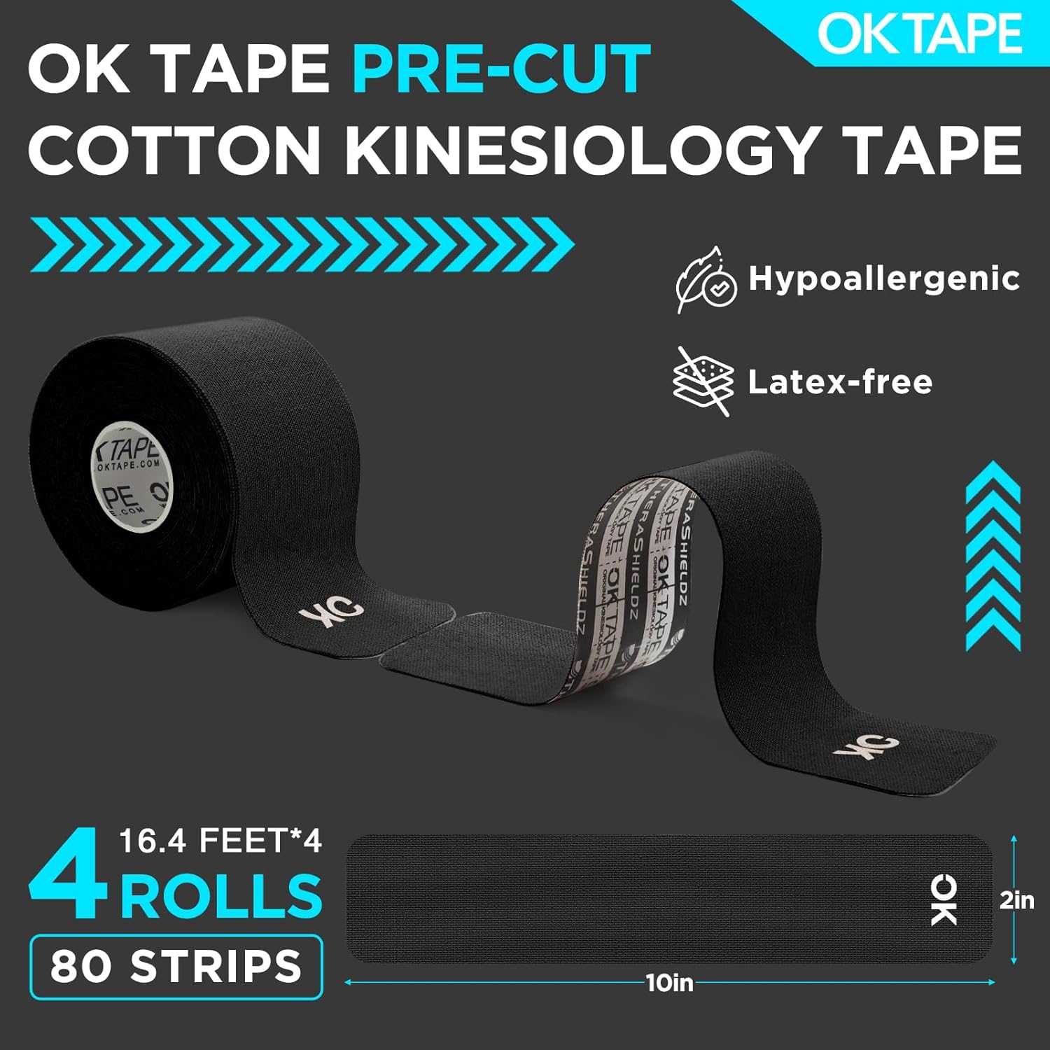 OK TAPE Kinesiology Tape - Precut Cotton Elastic Athletic Tape, Latex-Free, 2in x 16ft, 4 Rolls, Muscle Support | Mixed Colors