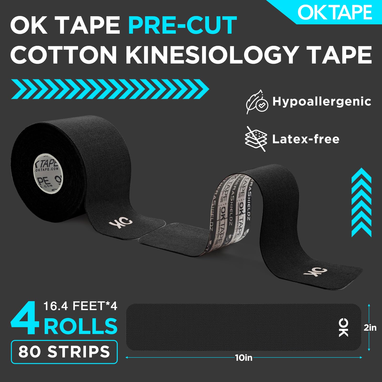 OK TAPE 4 Rolls Kinesiology Tape Precut, Cotton Elastic Athletic Tape Latex Free,20 Strips per Roll 2in x 16ft,Muscle Support,Mixcolor