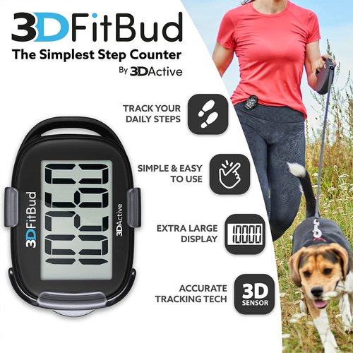 3DFitBud Simple Step Counter Walking 3D Pedometer by 3DActive with Clip, Lanyard Accurate Step Tracker Large Display, Easy to Use for Kids Men Women Adult Seniors Daily Step Tracking - A420S - Black