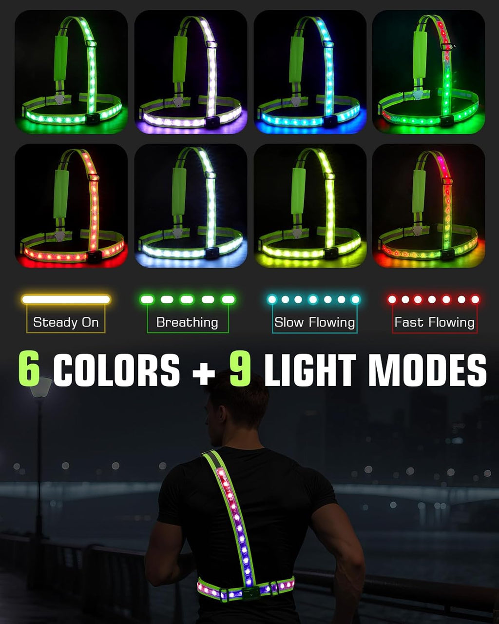 Zacro LED Reflective Vest - 500LM Rechargeable Light Up Running Gear | 5 RGB Colors, Adjustable for Men & Women