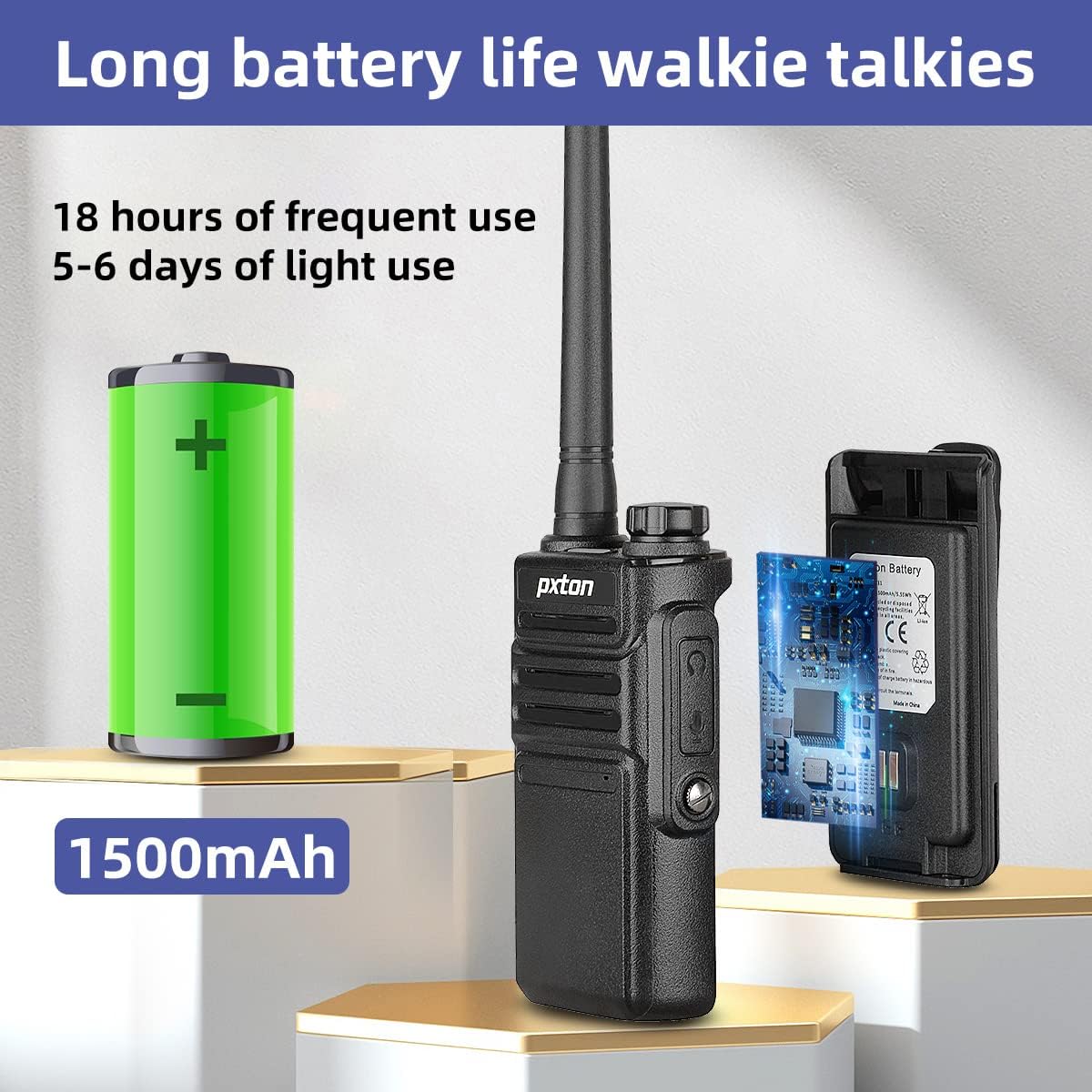 Pxton Waterproof Walkie Talkies - Long Range Two-Way Radios with Earpieces & Fast Charger Dock | 6 Pack