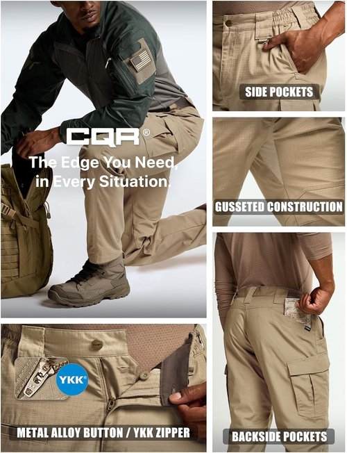 CQR Men's Tactical Pants - Lightweight Water-Resistant Ripstop Cargo for Hiking & Work