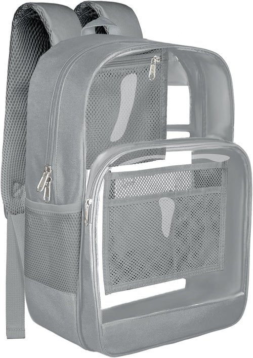 BrillaraSymn Heavy Duty Clear Backpack - Sturdy Transparent PVC Bookbag with Privacy Pocket | Grey