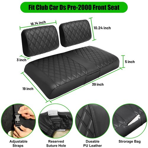 LEAPGOMAX Club Car DS Pre-2000 Golf Cart Seat Cover Thick Premium Marine Leather Made with Custom Diamond Stripe Soft Comfortable/Anti-Scratch/Anti-Fading/NO Stapler Required