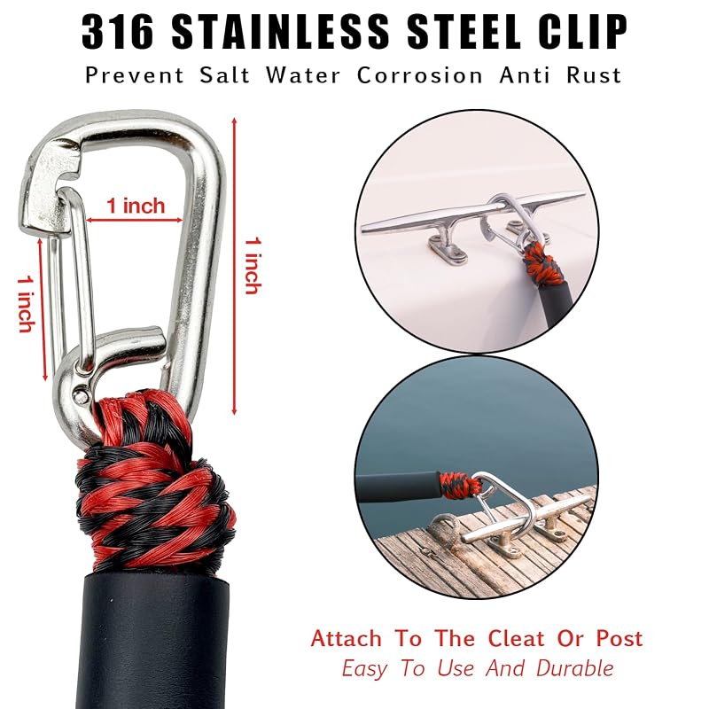 2 ft Bungee Dock Lines with 316 Stainless Snap Hooks – 2 Pack for Boat Mooring (Red & Black, 2 Feet) - Geelu