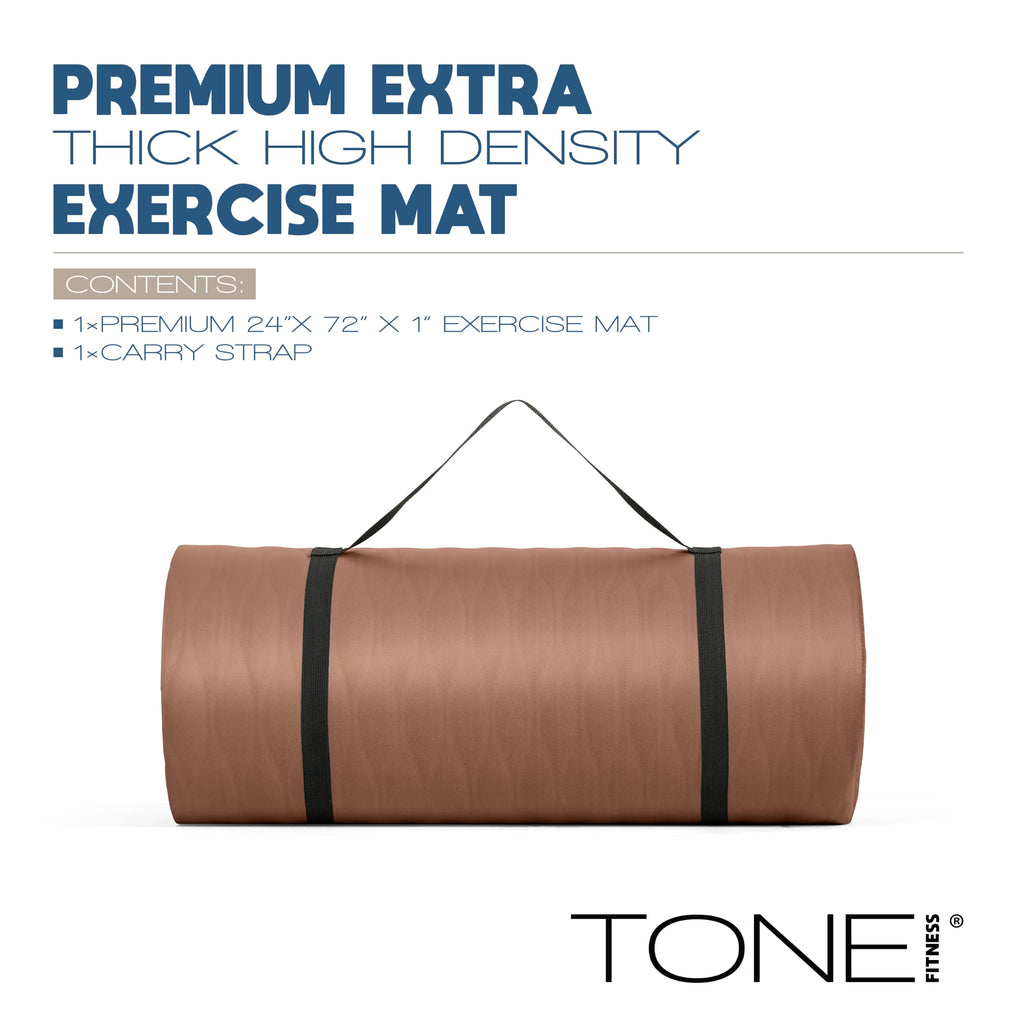 Tone Fitness Premium Extra Thick 1-Inch High Density Exercise Mat with Carry Strap – Non-Slip Workout, Pilates, and Yoga Mat for Home Gym - Color Mocha - Mesh Pattern