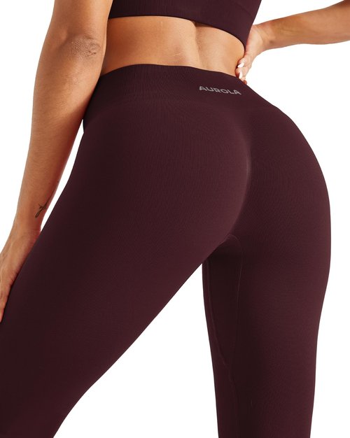 AUROLA Power Workout Leggings for Women Tummy Control Squat Proof Ribbed Thick Seamless Scrunch Active Pants,Black Cherry,M