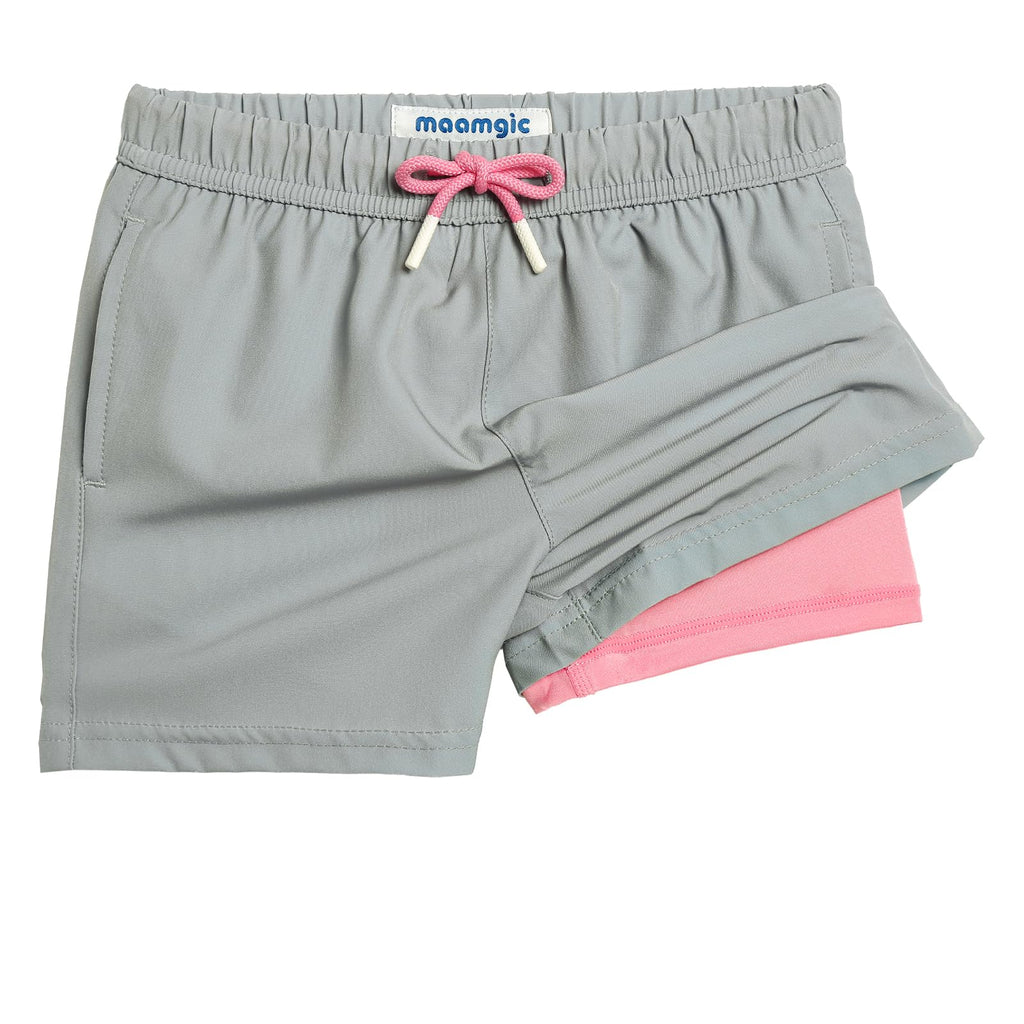 maamgic Boys Swim Trunks with Compression Liner 4-Way Stretch Quick Dry Swim Shorts Swimming Trunks Toddler Boy Gray Pink 10-12 Years