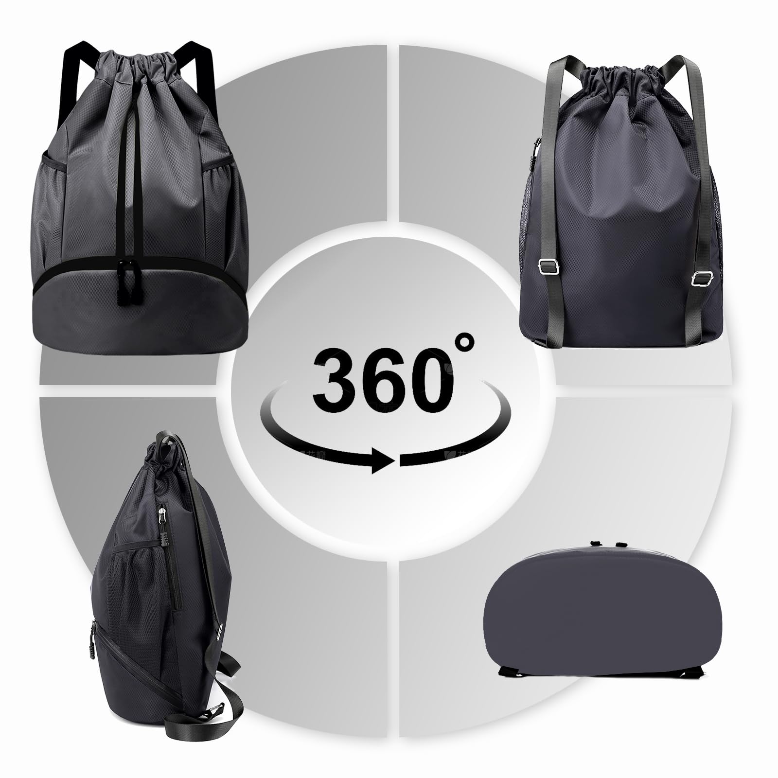 Hoedia Sports Drawstring Backpack - String Swim Gym Bag with Shoes Compartment and Wet Proof Pocket for Women/Men (Dark Grey)