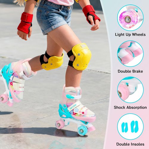 LEVYTEMP Kids Roller Skates for Girls Kids with Light Up Wheels, Adjustable 4 Sizes (10C-7.5Y), Star Design, Triple Safety System, Ideal Gift for Ages 3-12