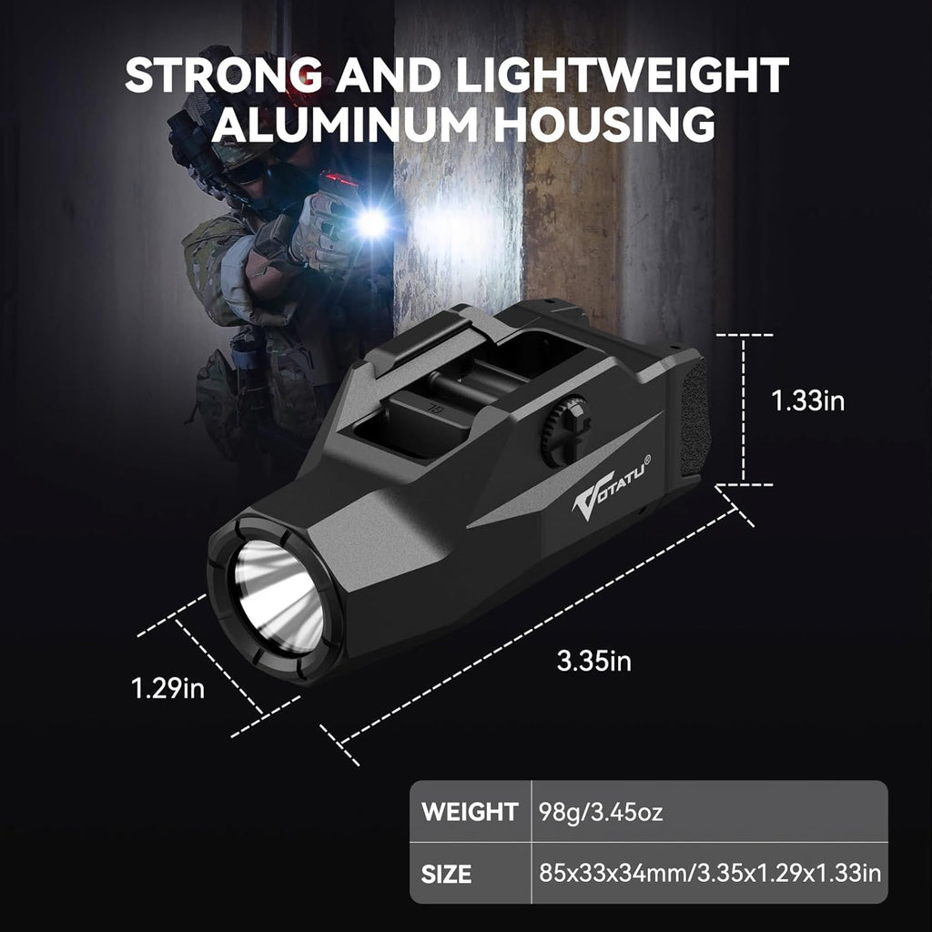 VOTATU HT20 Tactical Pistol Light - 1600 Lumens Adjustable Rail Keys for Compact & Full Size Guns | Rechargeable LED Flashlight