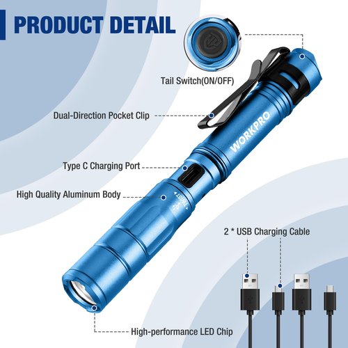 WORKPRO Rechargeable Pen Light, Mini Flashlight, 2 Pack Ultra-Compact EDC Flashlight, Pocket Flashlight with Clip, Memory Function and 2 x USB C Cable Included, Blue