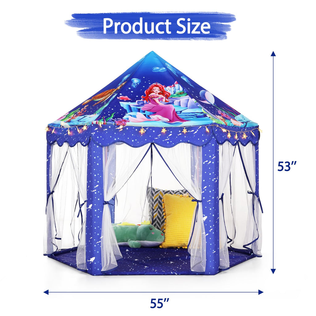 Monobeach Mermaid Princess Tent Girls Blue Large Playhouse Kids Castle Play Tent with Star Lights Gift Toy for Children Indoor and Outdoor Games