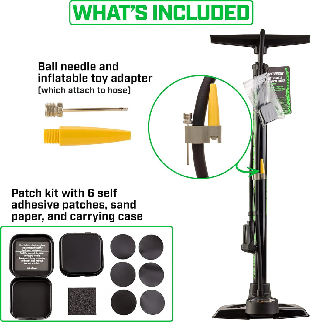 Revere xlAIRator 5 Bike Floor Pump - 160 PSI Dual Valve, Extra-Large Gauge & 41" Hose | Includes Patch Kit for Road & Mountain Bikes