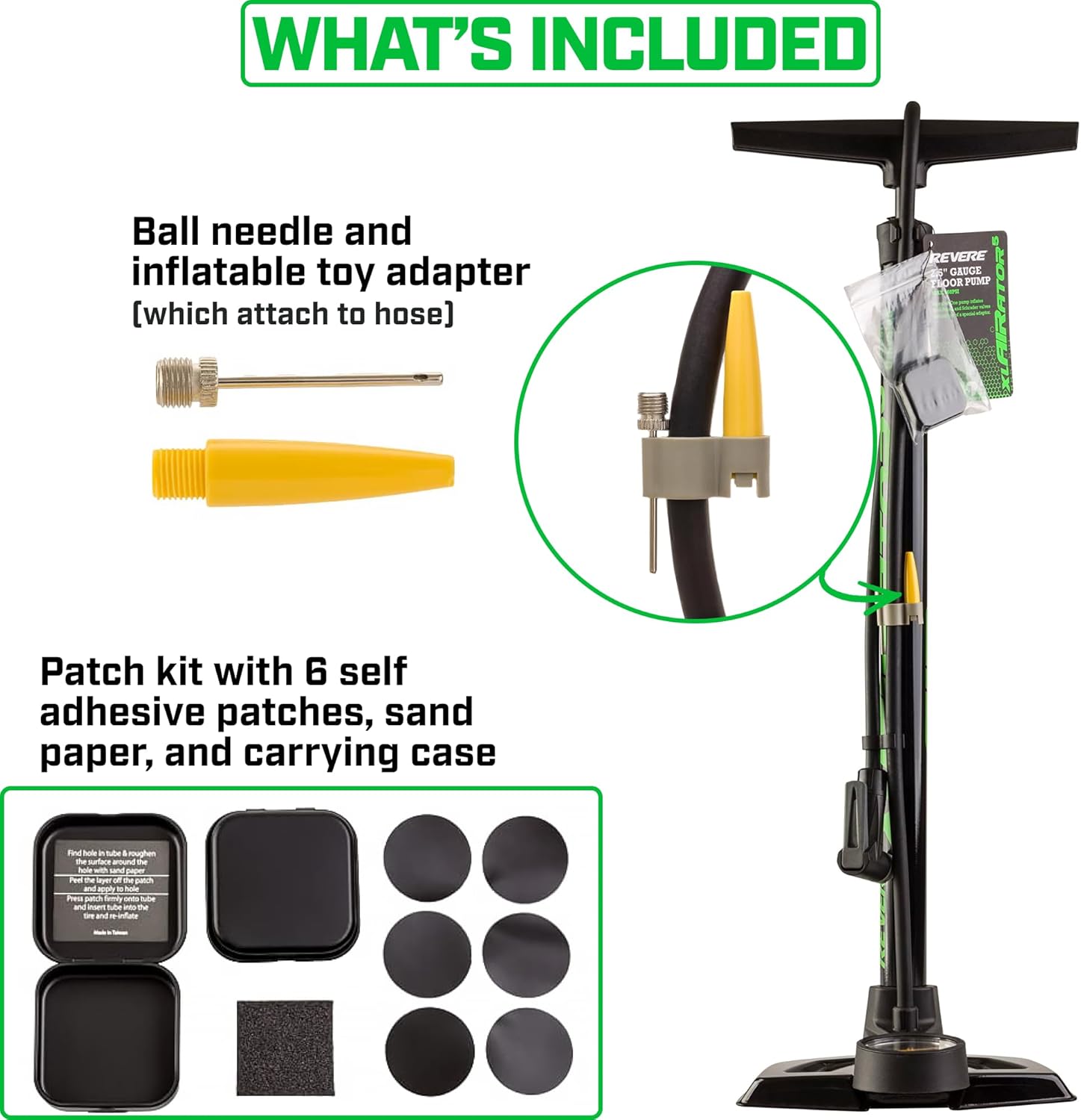 Revere xlAIRator 5 Bike Floor Pump - 160 PSI Dual Valve, Extra-Large Gauge & 41" Hose | Includes Patch Kit for Road & Mountain Bikes