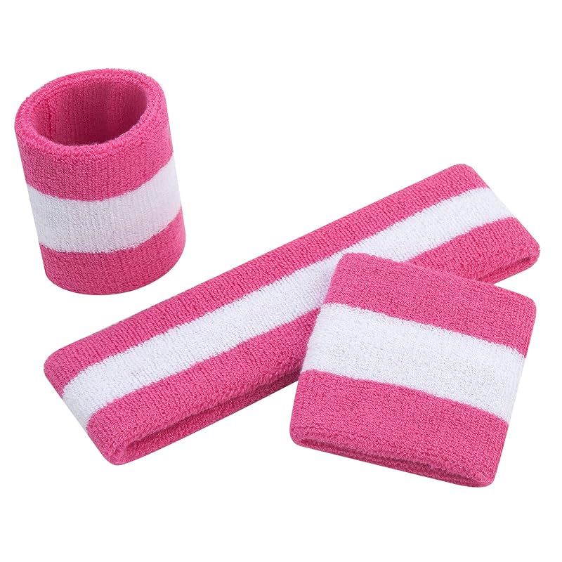 ONUPGO Sweatbands Set – Neon Headband & Wristbands for Men Women, 3-Piece Pink/White/Pink
