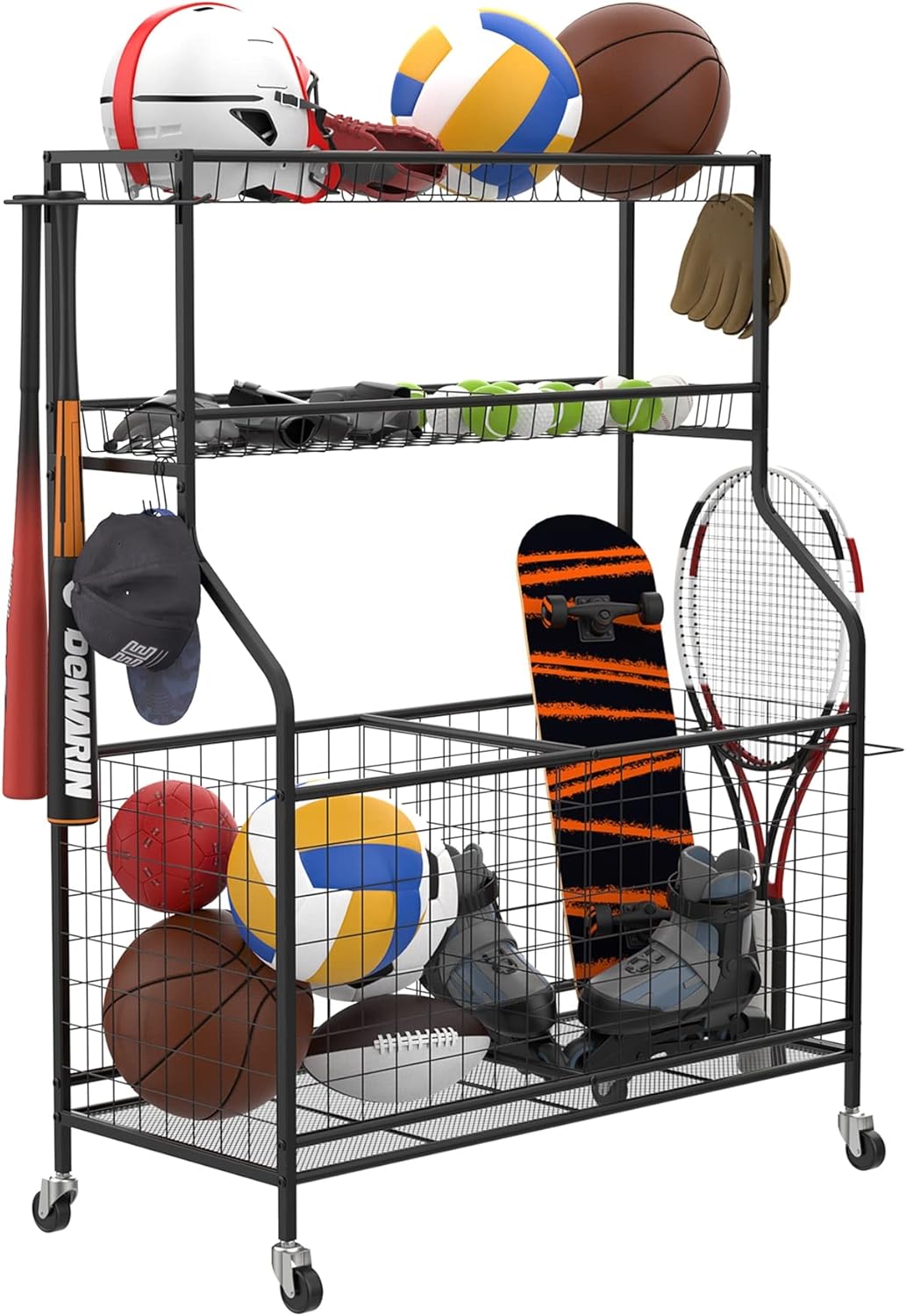 WALMANN Garage Ball Organizer - Indoor/Outdoor Sports Equipment Storage Rack | Rolling Cart for Kids' Balls and Toys