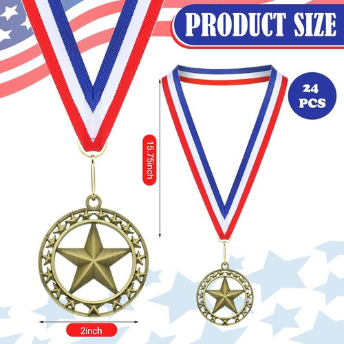 Gold Star Medals - 24 Pcs 2'' Winner Medals with Neck Ribbon | Perfect for Sports Awards & Competitions