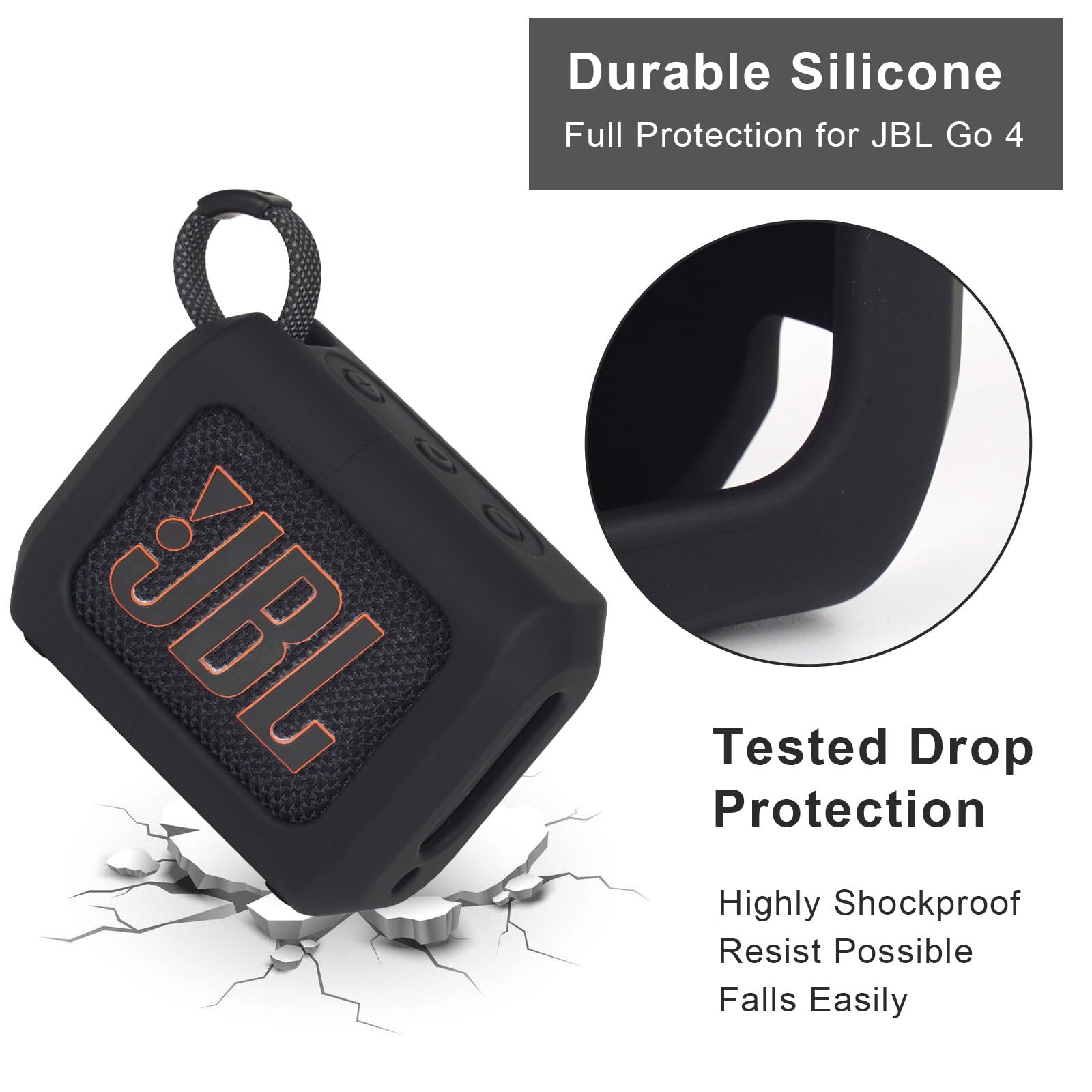 YouKnow Silicone Case for JBL Go 4 Ultra Portable Bluetooth Speaker, with Removable Strap Attach to Bike Golf Cart Boat (Black)