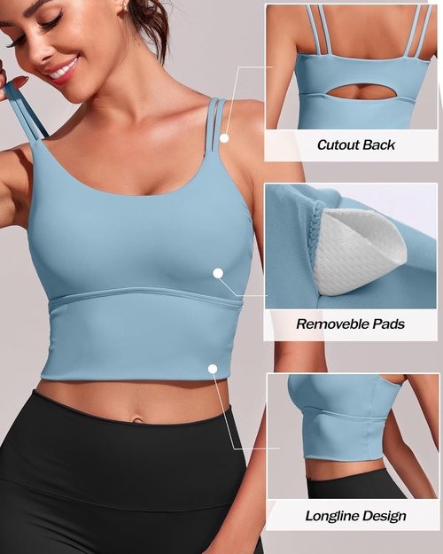 Everrysea Sports Bras - High Support Longline Workout Tank Top with Built-In Bra | Padded Strappy Yoga Crop Top