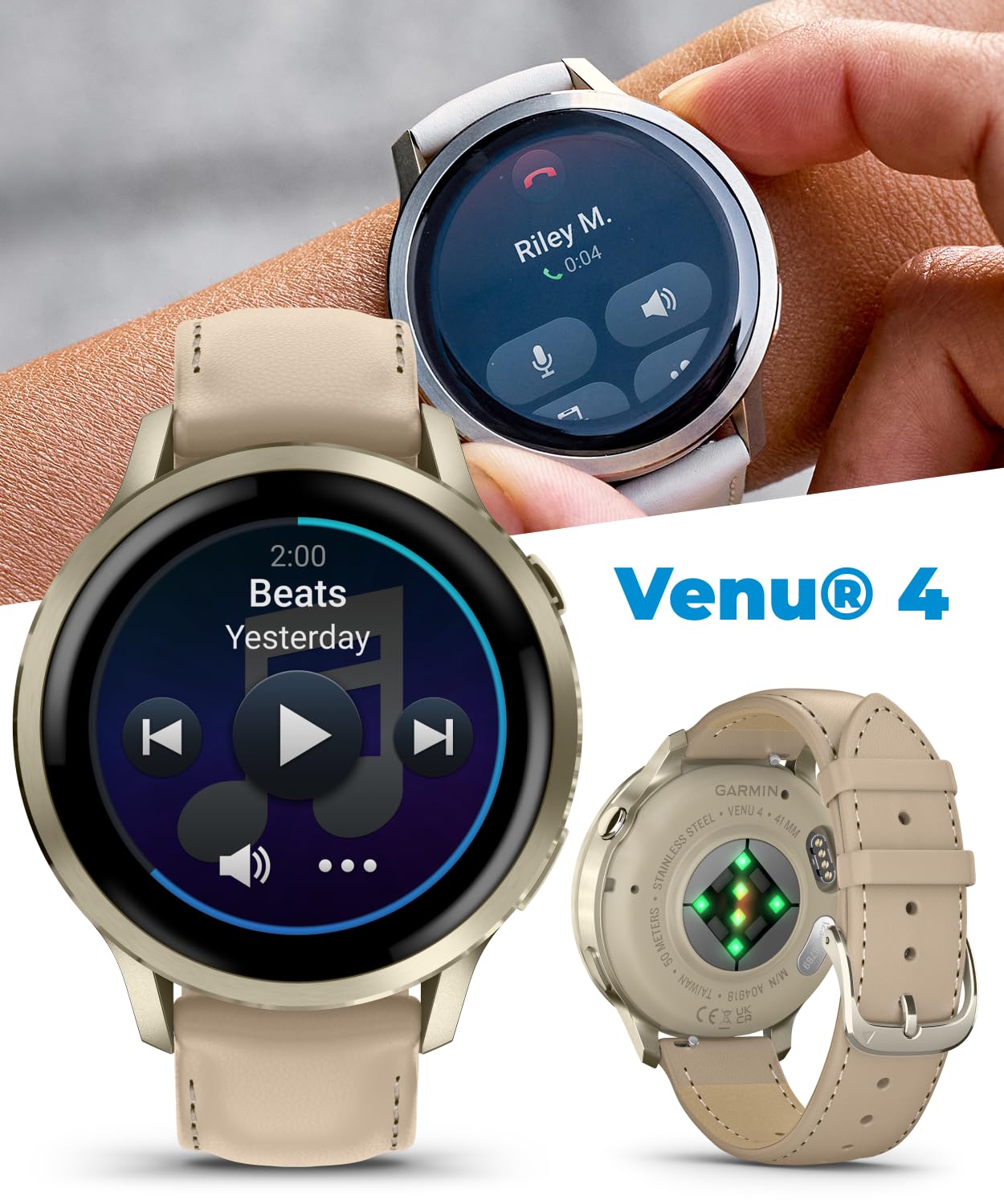 Garmin Venu 4 41mm AMOLED Advanced Health & Fitness GPS Smartwatch, Colorful Display, Built-in Flashlight Lunar Gold w/Bone Silicone & Light Sand Leather Bands w/Wearable4U White Earbuds Bundle