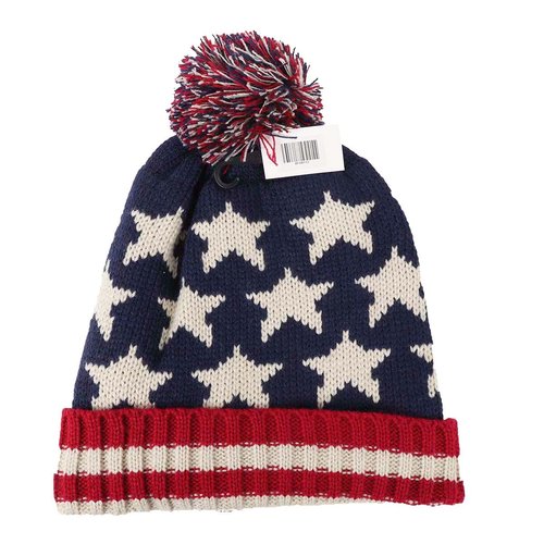Parquet American Flag Knit Pom Beanie Ski Hat with Stars