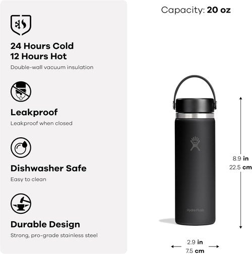 Hydro Flask Water Bottle - Insulated Stainless Steel - Wide Mouth Flex Lid, Non Spill, Leakproof and Refillable in 20 Oz Tonal White