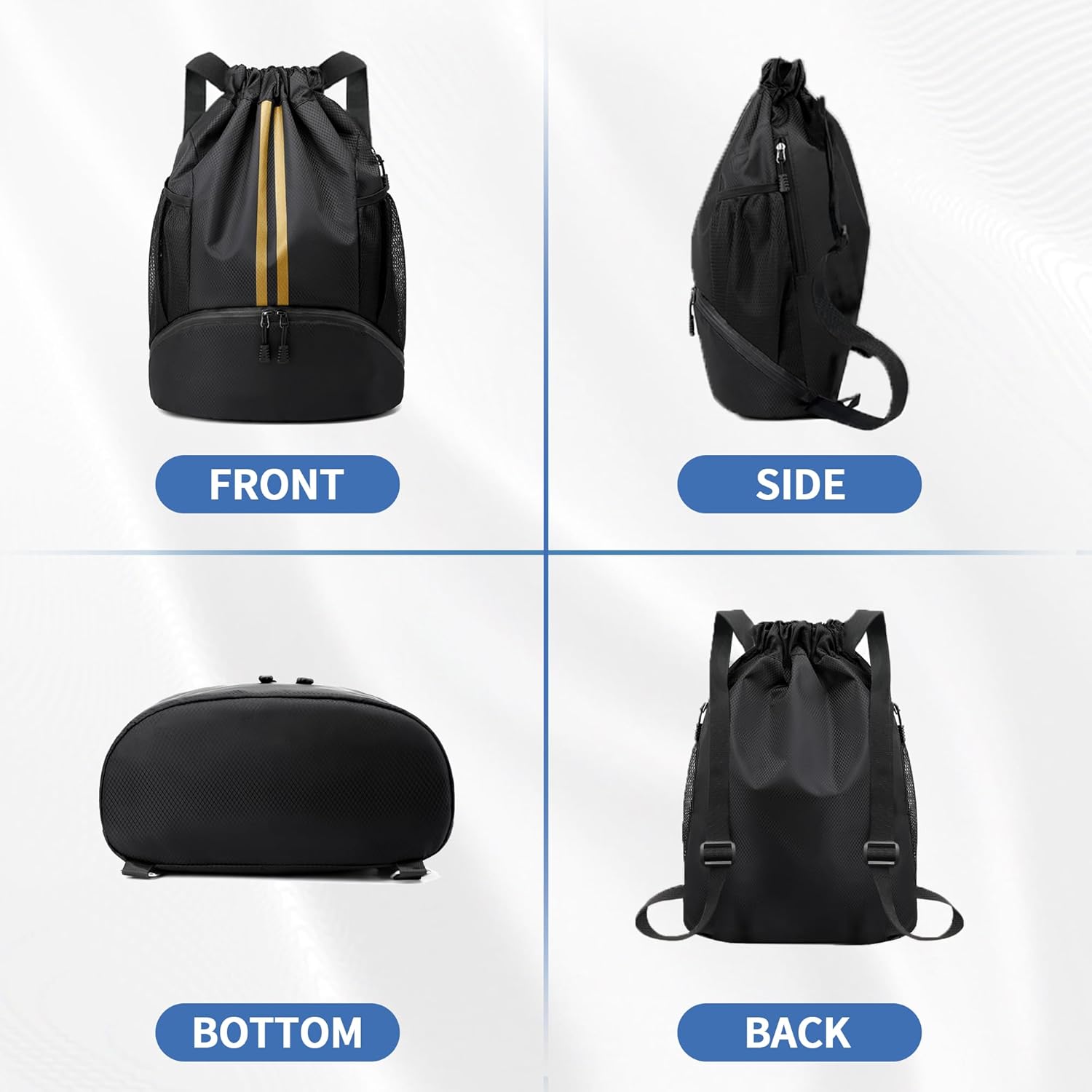 Skiennix Drawstring Backpack Gym Bag - Water-Resistant with Shoe Compartment | Black & Gold