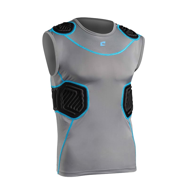 Charcoal, Optic Blue+Medium CHAMPRO Bull Rush Padded Compression Shirt for Boys