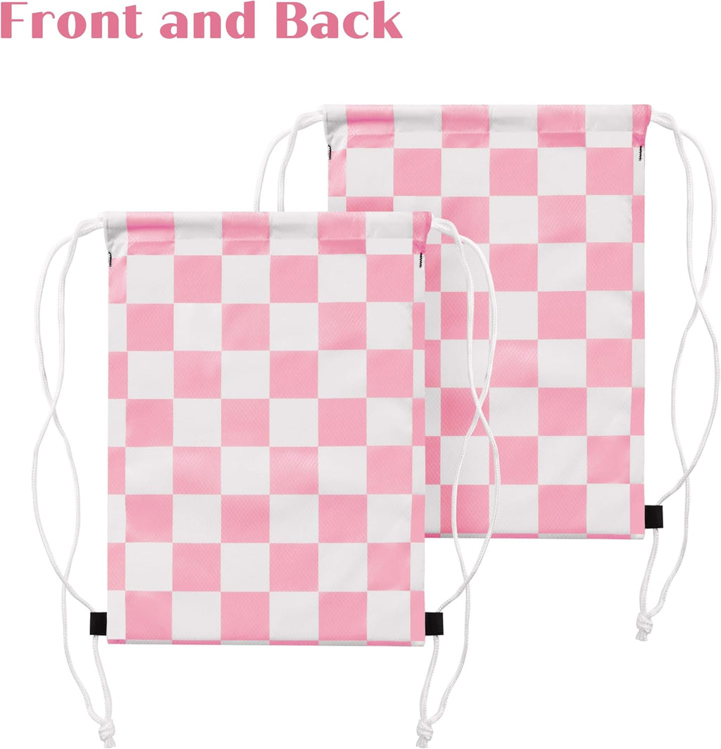 Skiennix Pink Checkered Drawstring Backpack - Cute Vintage Design | Waterproof Gym Sackpack (2 Pack)