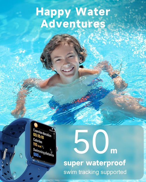 BIGGERFIVE Smart Watch for Kids - Fitness Tracker with Heart Rate Monitor & 5ATM Waterproof | Porous Blue
