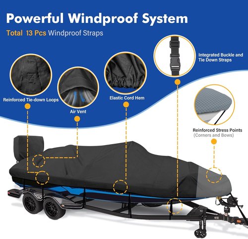 1200D Waterproof Boat Cover - Heavy-Duty Protection for 23' to 24' Bass, V-Hull & Runabout Boats - Black