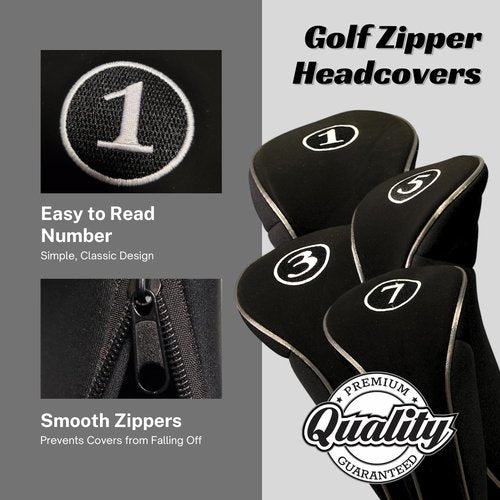 Black Golf Zipper Head Covers Driver 1 3 5 7 Fairway Woods Headcovers Metal Neoprene Traditional Plain Protective Covers Fits All Fairway Clubs and Drivers up to 460cc for Golfing Buddies