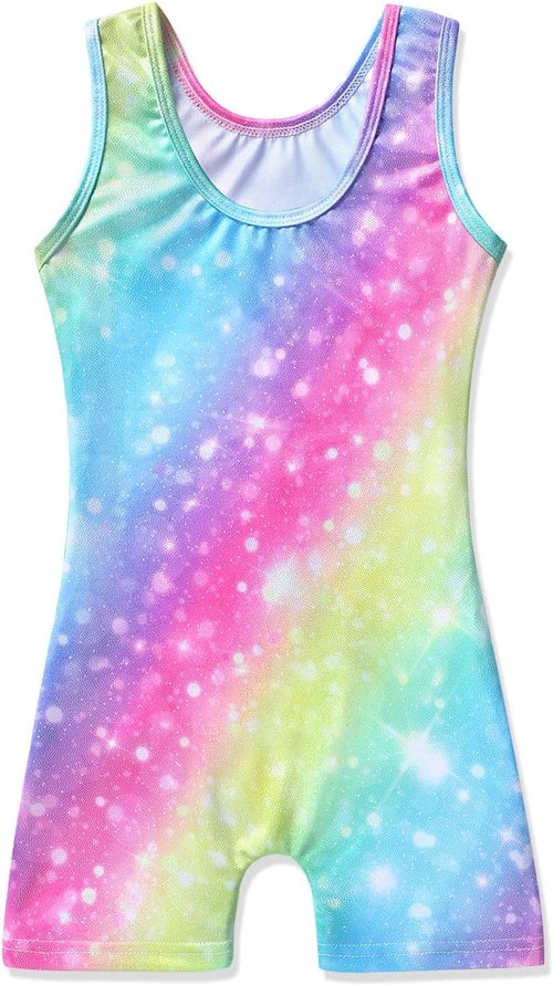 HOZIY Gymnastics Leotards for Girls - Fun Biketards with Shorts in Rainbow Unicorn Design