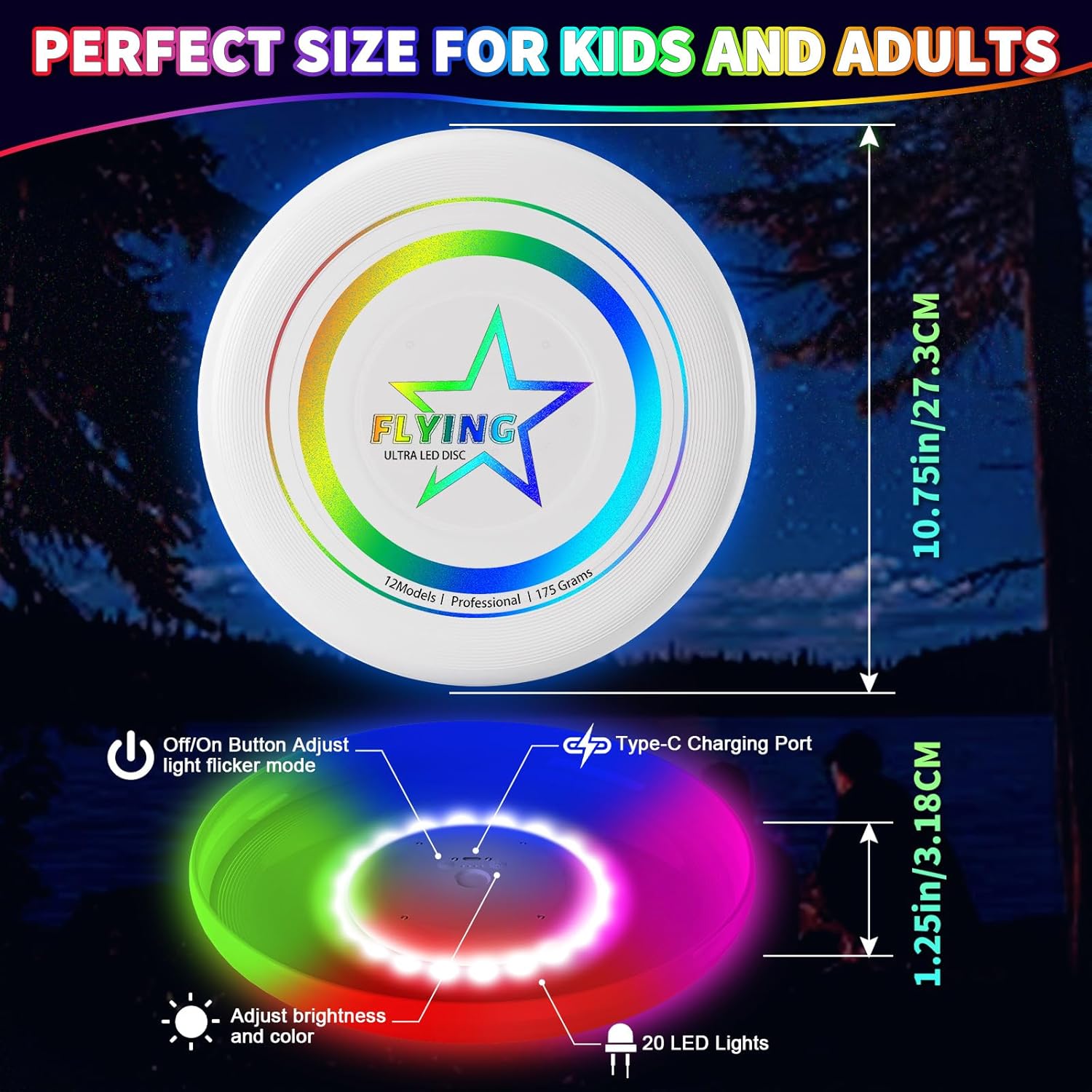 Skiennix LED Light Up Flying Disc | 7 Color Modes | Rechargeable Outdoor Toy for Kids & Adults