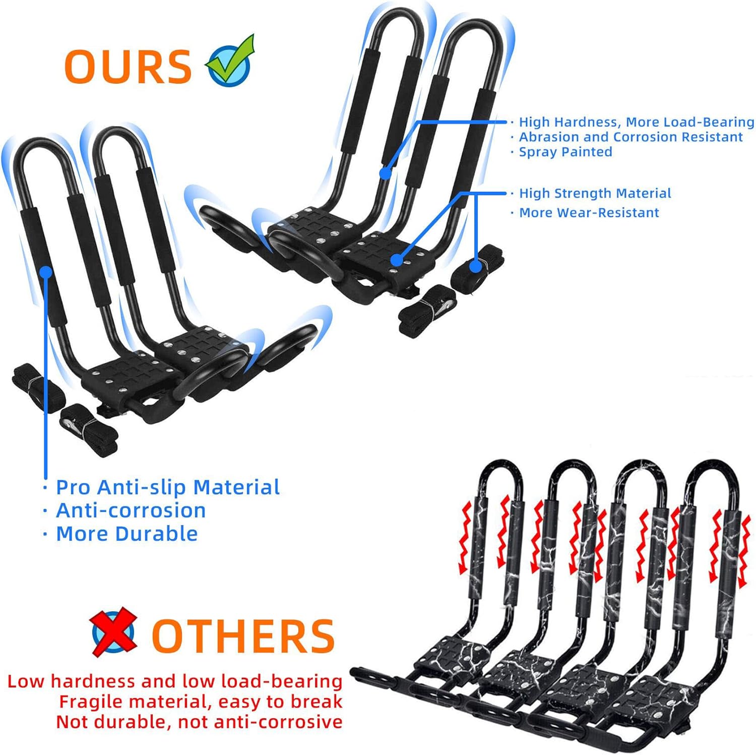 PIRIPARA Kayak Roof Rack - J-Bar Carrier Holder for Canoes & Surf Skis | Set of 4 for SUVs & Trucks
