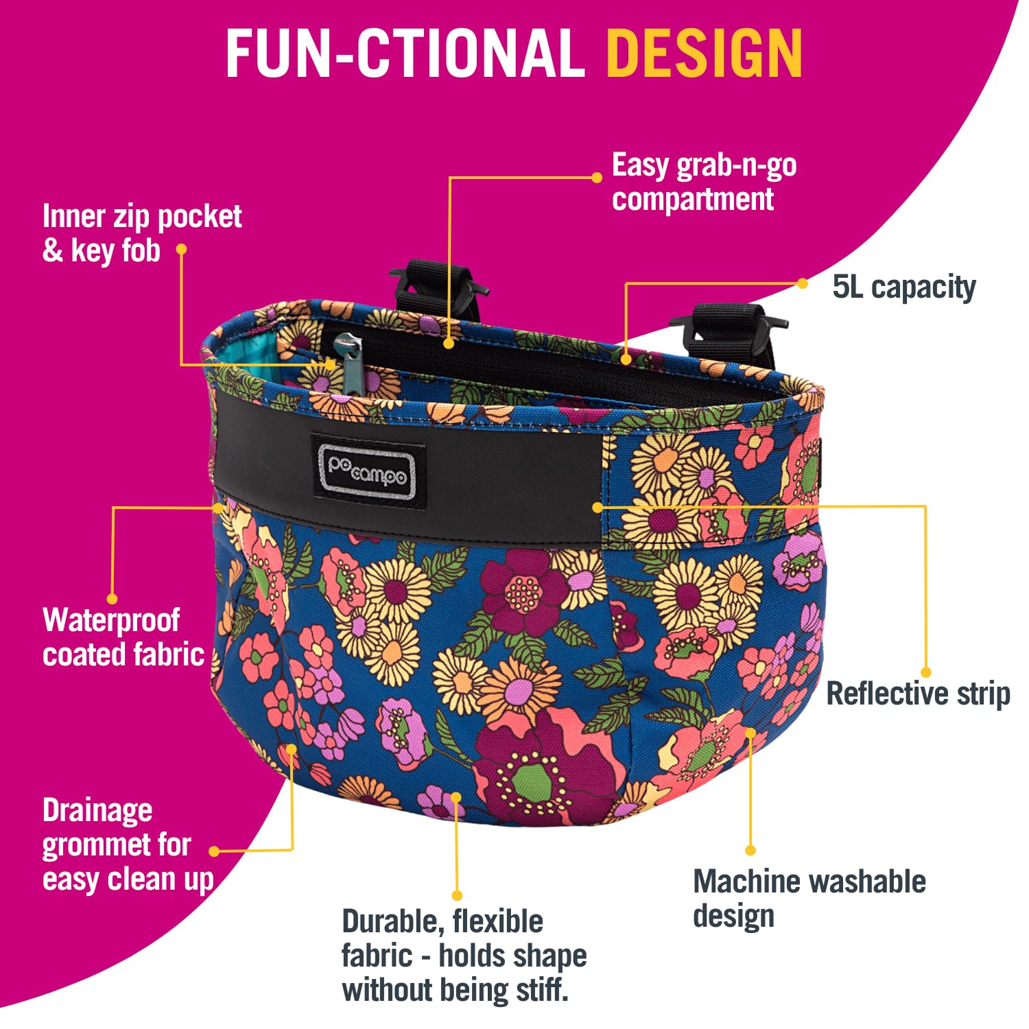 Po Campo Crescent Bicycle Basket – Bike Basket for Adults and Teens – Handlebar Bag for Cycling – Waterproof Fabric, Colorful, Front Handlebar Bike Bag for Women, Men, Kids (Meadow)
