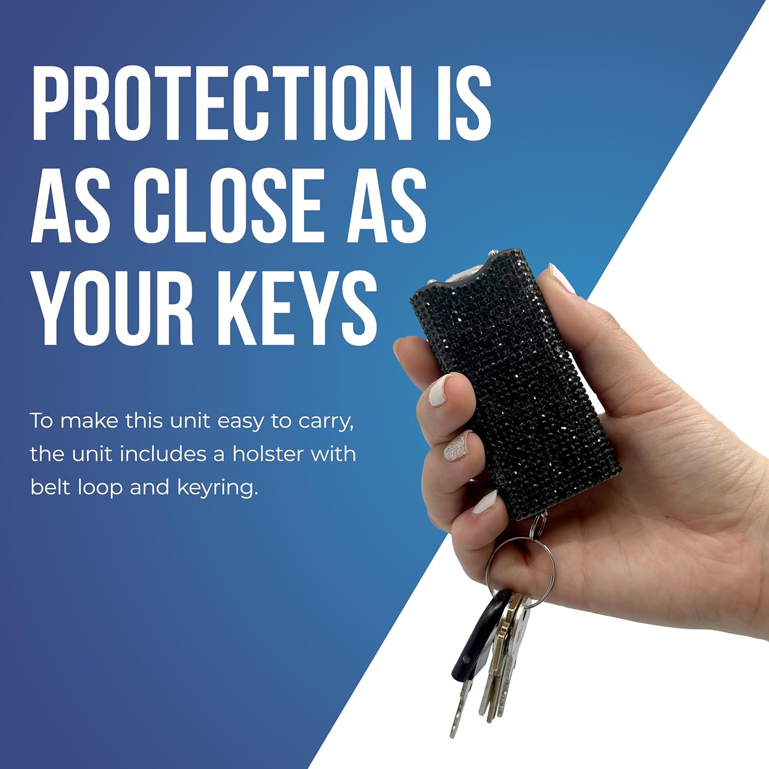 Streetwise Rhinestone Stun Gun Keychain - Compact Rechargeable Self-Defense Flashlight with Holster & Keyring for Women