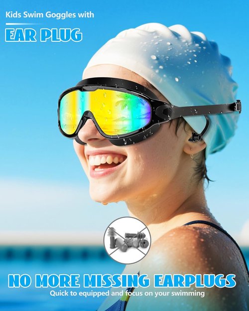 Aegend Kids Swim Goggles - Wide View, Anti-Fog & UV Protection | 2-Pack with Ear Plugs for Ages 3-14