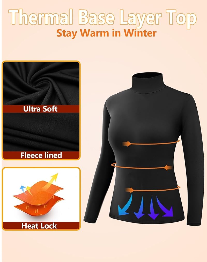 Dalavch 4-Pack Women's Fleece-Lined Thermal Turtleneck Shirts – Black, Heather Gray & White (Large)
