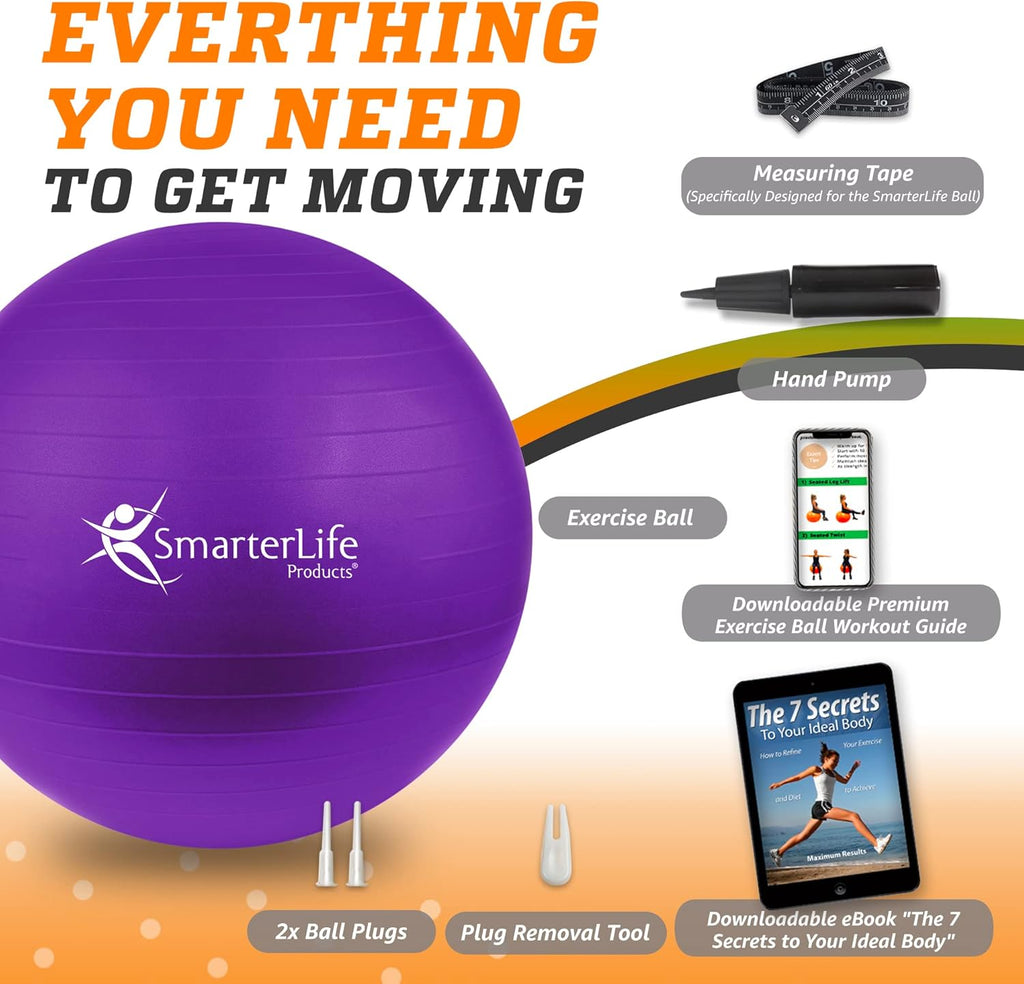 SmarterLife Exercise Ball - Anti-Burst Yoga Ball for Fitness & Stability | Ideal for Core Workouts & Pregnancy