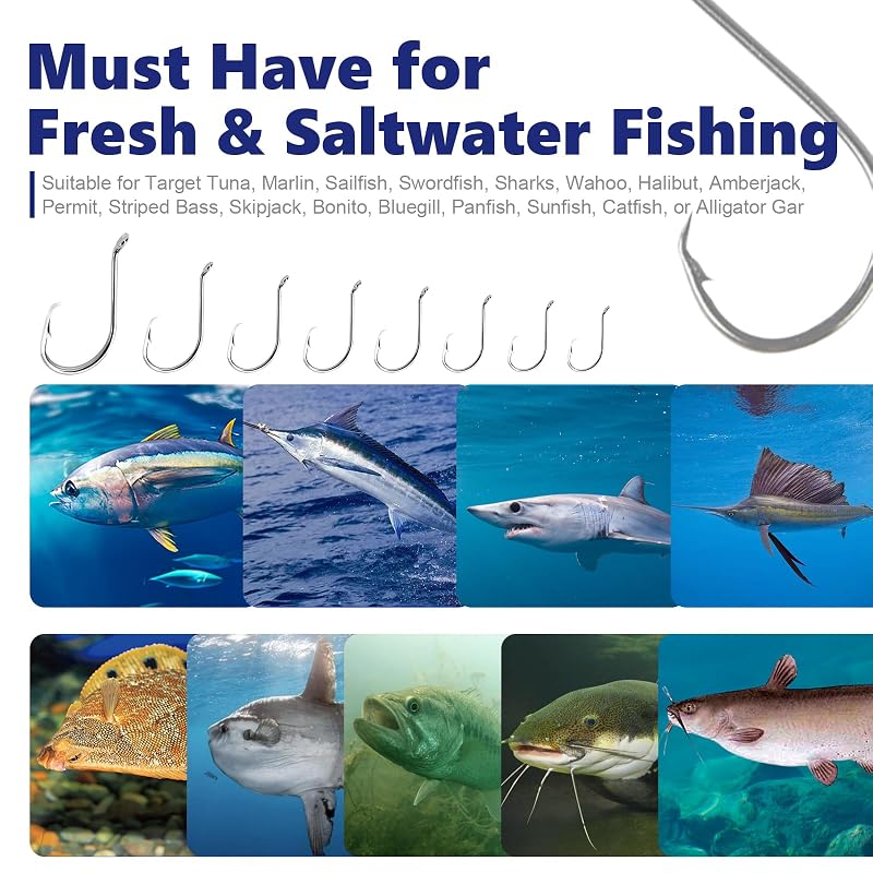 UCEC Circle Hooks Saltwater Fishing Hooks - 240 Pcs Assortment 11 Sizes #6 to 8/0 for Catfish & Octopus