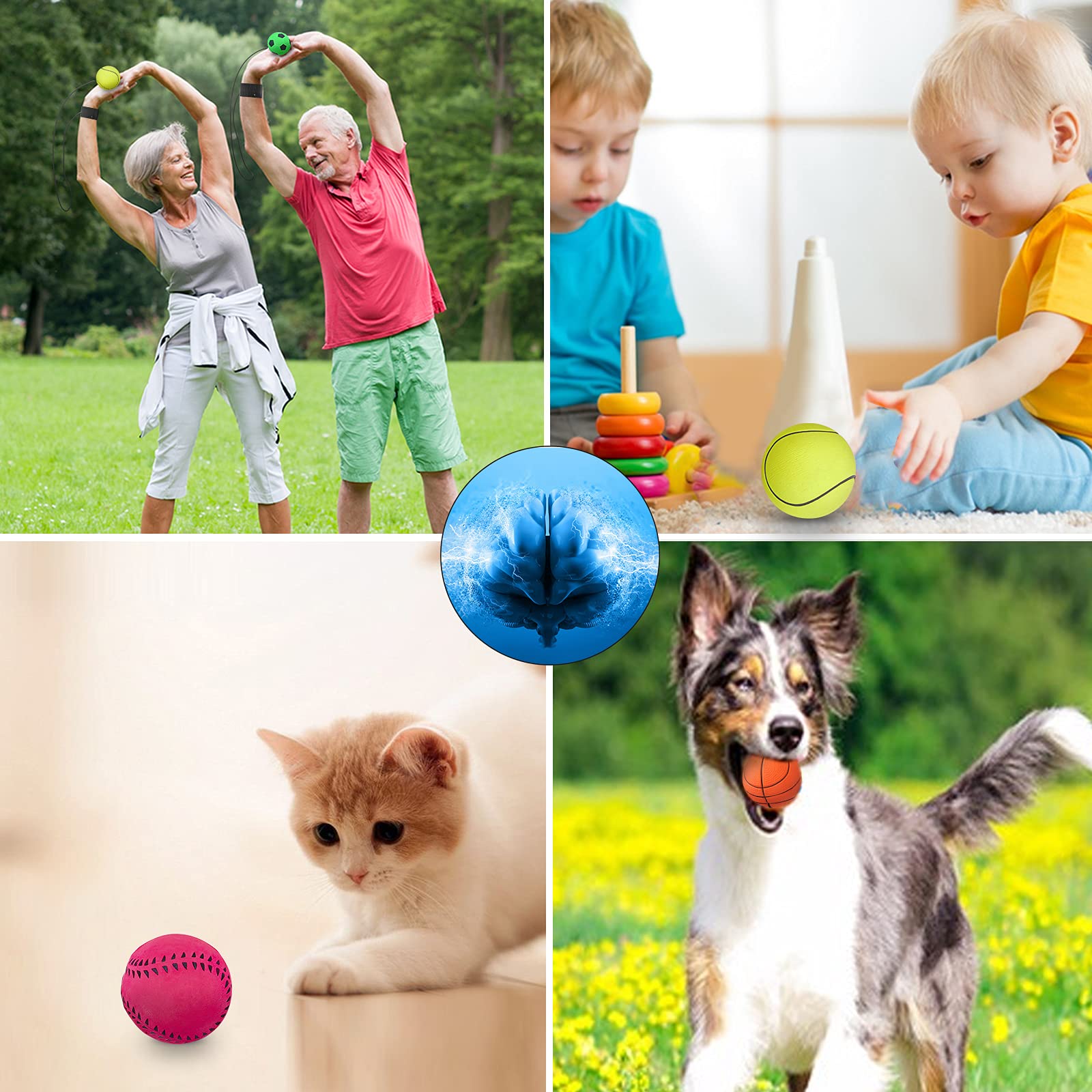 4/8/16 Pack 2.36 Inch Wrist Return Ball Wristband Balls Rubber Rebound Bouncy Sport Ball (Basketball, Baseball, Soccer,Tennis) on Elastic String Wrist Exercise or Play,Gift Toy for Kids Teens Adults