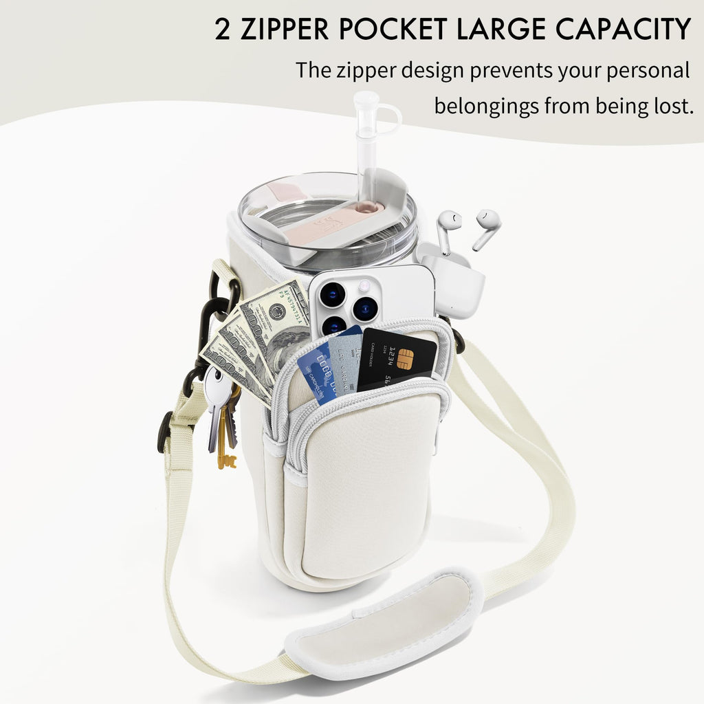 JEBEALUO Water Bottle Carrier Bag with Phone Pocket for Stanley Cup 40/30 oz, Water Bottle Holder with Adjustable Strap& Straw Cover, Stanley Cup Accessories (White)