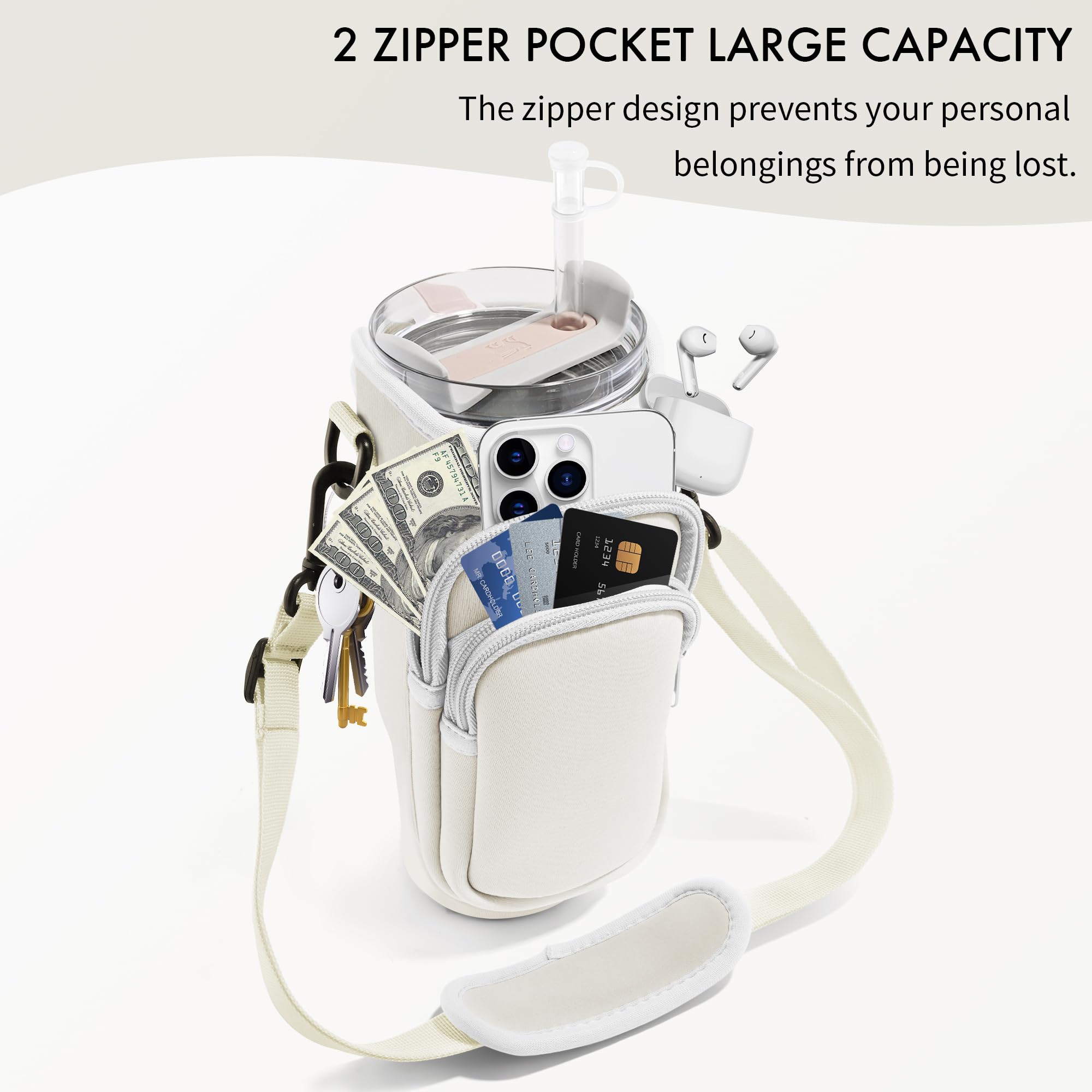 JEBEALUO Water Bottle Carrier Bag with Phone Pocket for Stanley Cup 40/30 oz, Water Bottle Holder with Adjustable Strap& Straw Cover, Stanley Cup Accessories (White)