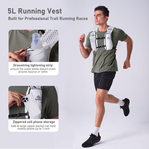 SEMSTY Running Vest for Women Men, 5L Hydration Vest with Dual 500ml Soft Flask, Lightweight Water Backpack, Adjustable Chest Straps Hydration Backpack for Running Cycling Hiking