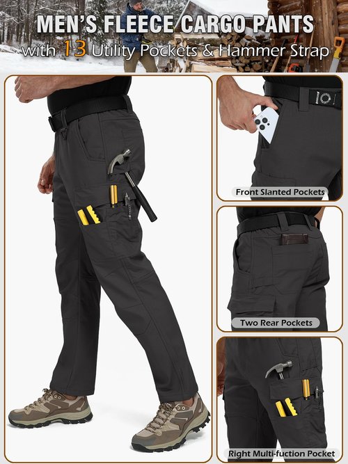 CARWORNIC Men's Ripstop Fleece Lined Tactical Work Pants Warm Water Resistant Flex Utility Cargo Skiing Hiking Pants Black