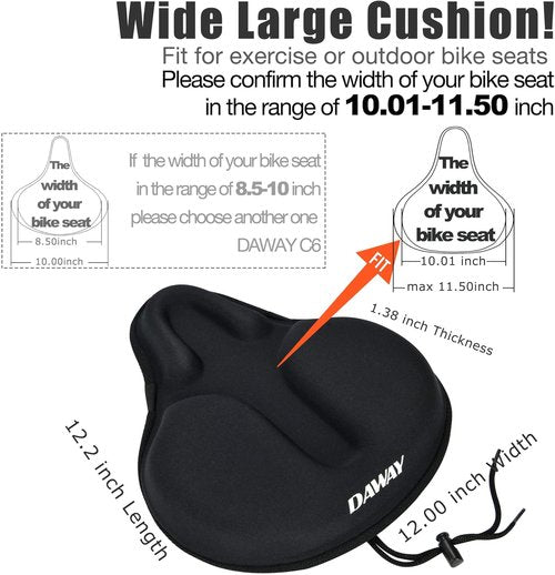 DAWAY Bike Seat Cover - Comfortable Silicone Gel & Memory Foam Cushion for Men & Women | Fits Peloton & Mountain Bikes - XL/Large/Small