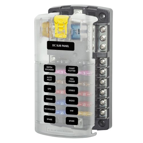 Blue Sea Systems ST Blade Fuse Block - 12 Circuit with Ground & Cover, 100 Amps | Model 5026